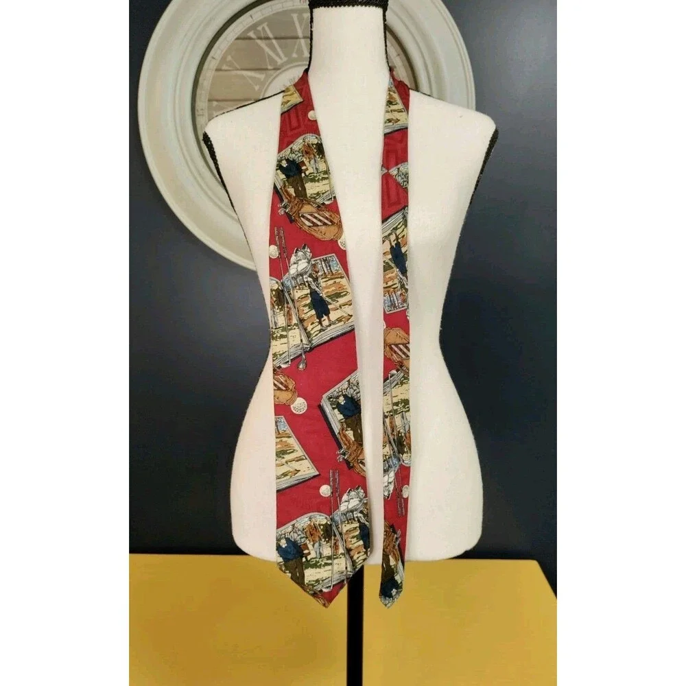 Vintage Claybrooke Men's Dark Red Silk Golf Theme Novelty Tie L-57